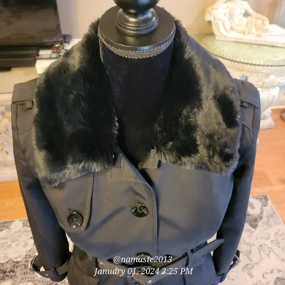 Bebe Cotton Blend Double Lined Removable Lining Faux Fur Trench Coat #510